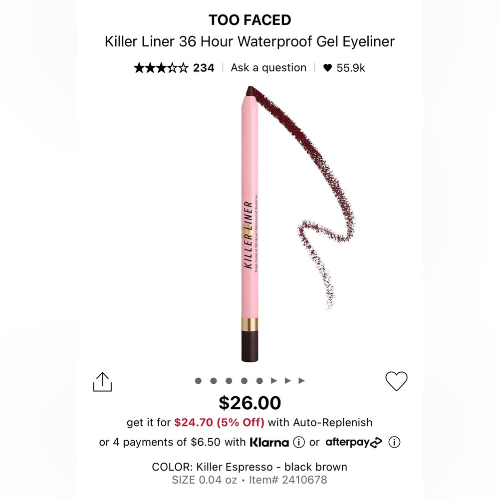 ✨2 Available✨Too Faced New In Box Killer Liner in Killer Espresso